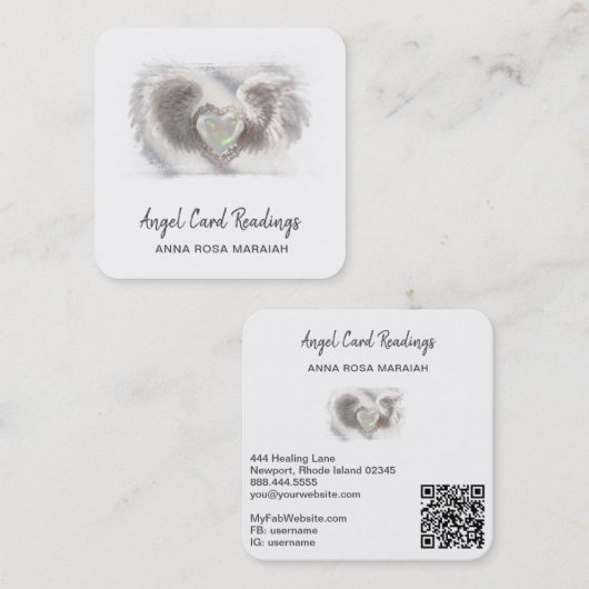 *~* Opal Heart QR Angel Wings AP78 Weißes Delikat Quadratische Visitenkarte (Vorne/Hinten)