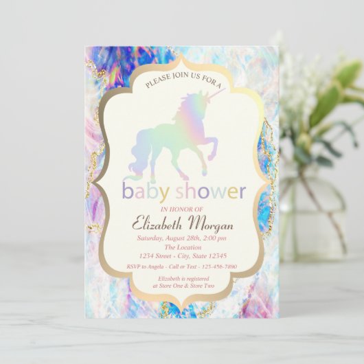 Opal Holographic Unicorn Baby Shower Einladung (Stehend Vorderseite)