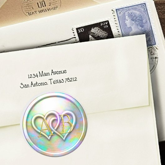 Opalescent Gold Two Hearts Gold Monogram Runder Aufkleber