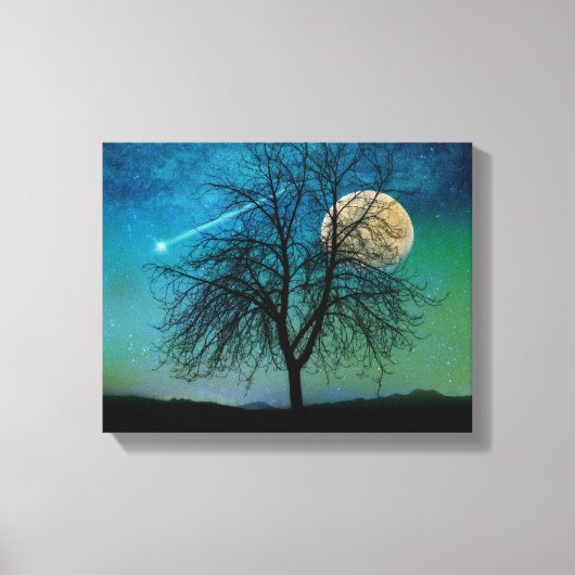Opaleszenter Himmel, Baum, Mondernte, Sternschieße Leinwanddruck (Vorderseite)