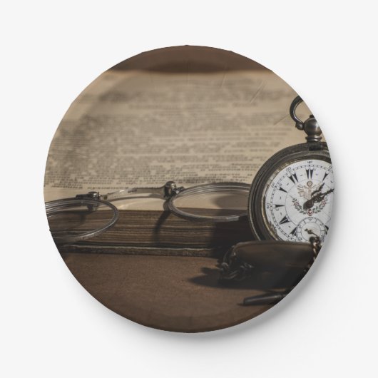 Opa's antike Uhr und Brille Pappteller (Vorderseite)