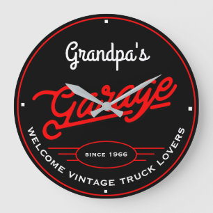 Opa's Any Name Garage Willkommen Vintage LKWs Große Wanduhr