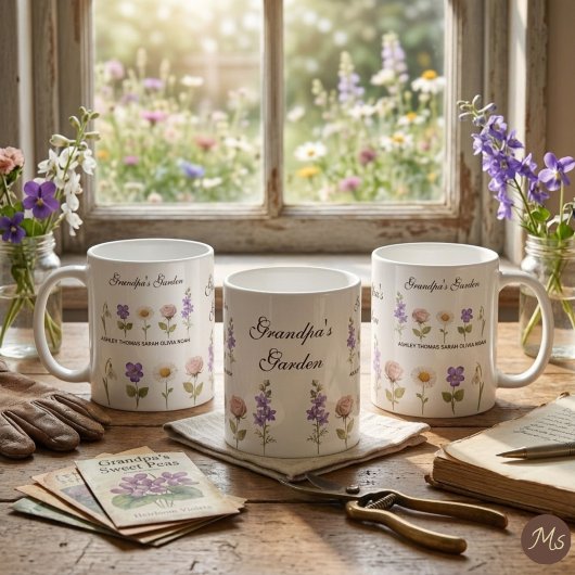 Opa's Blumengarten mit 5 Namen & Blumen Kaffeetasse