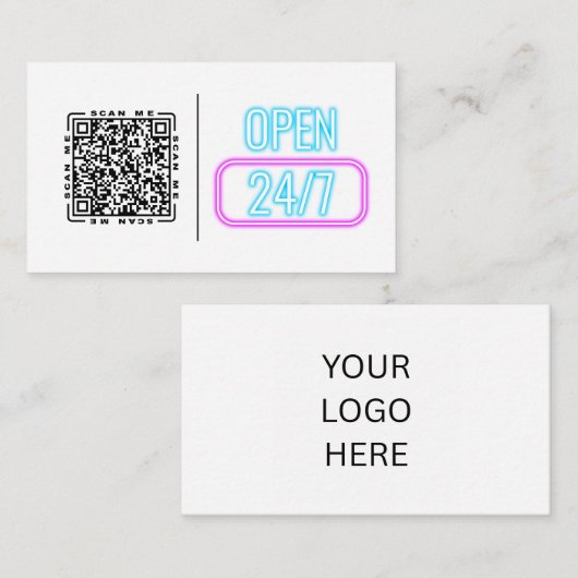 Open 24/7 Neon | Anpassbarer QR-Code und Logo Visitenkarte (Vorne/Hinten)