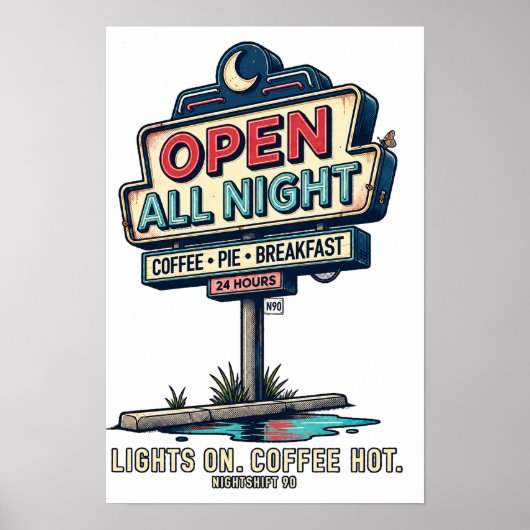 Open All Night Retro Diner Schild NIGHTSHIFT 90 (Vorne)