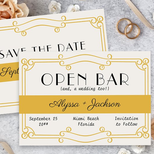 Open Bar Art Deco Ocker Gelb und Grau Save The Date