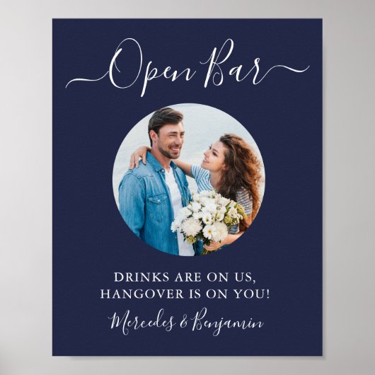 Open Bar Custom Foto Navy Blue Wedding Drinks Poster (Vorne)