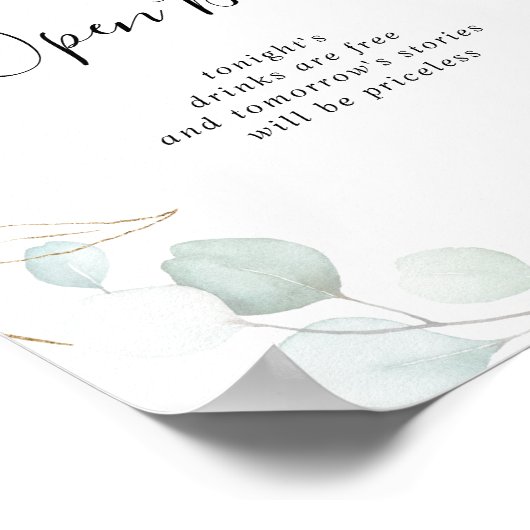 Open Bar Gold Eukalyptus Calligraphy Sign Poster (Ecke)