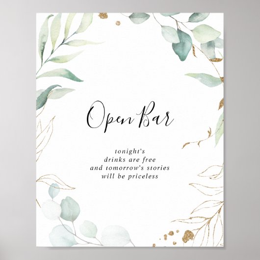Open Bar Gold Eukalyptus Calligraphy Sign Poster (Vorne)