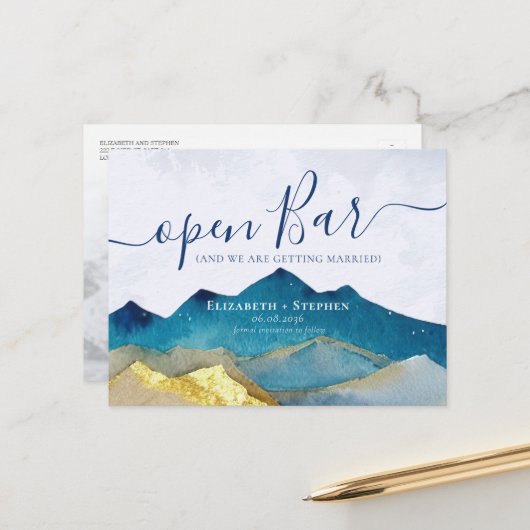 Open Bar Gold Mountain Wedding Foto Save the Date Ankündigungspostkarte (Vorderseite/Rückseite Beispiel)