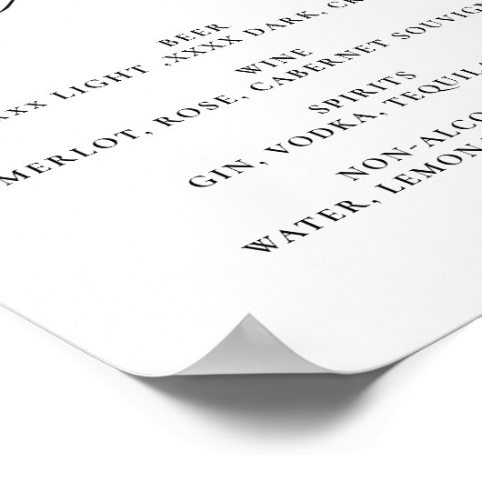 Open Bar Menu Das Getränke Hochzeitszeichen Poster (Ecke)