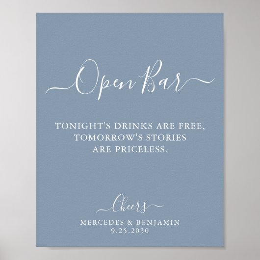 Open Bar Personalisiert Dusty Blue Wedding Drinks Poster (Vorne)