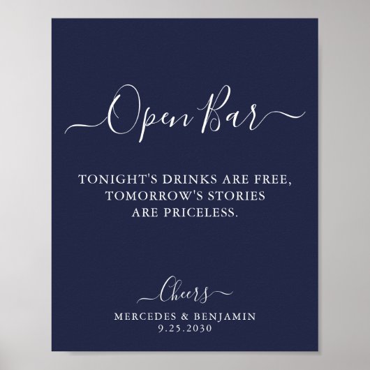 Open Bar Personalisiert Navy Blue Wedding Drinks Poster (Vorne)