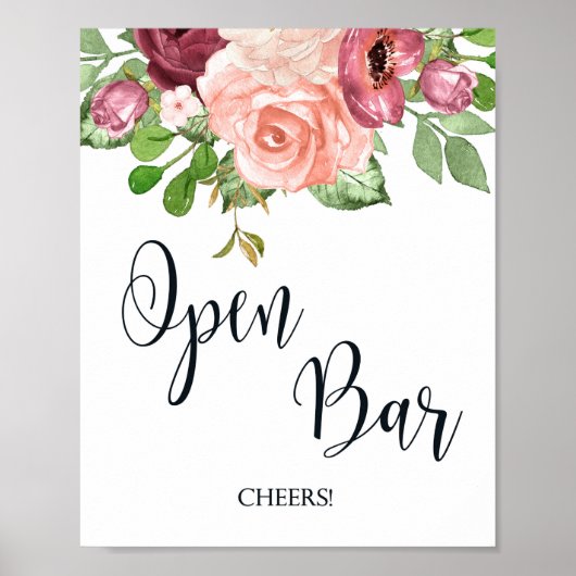 Open Bar Pink Floral Hochzeitsschild Poster (Vorne)