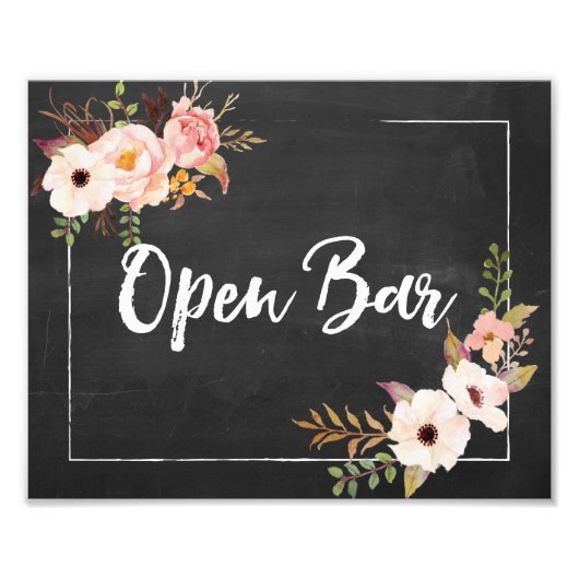 Open Bar Rustic Chalkboard Floral Wedding Sign Fotodruck (Vorne)