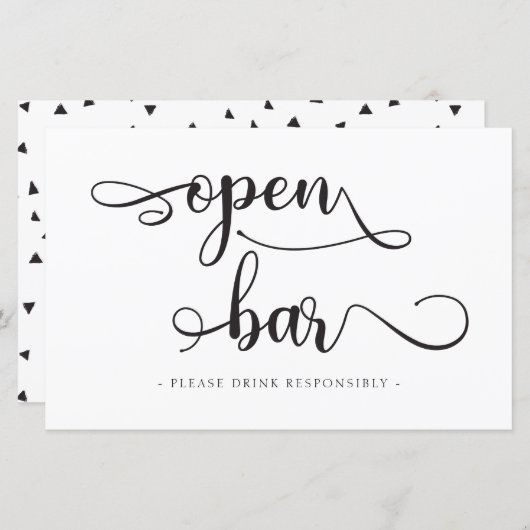 "Open Bar" Schwarz-weiße Getränke Hochzeitszeichen (Vorne/Hinten)