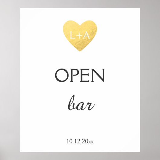 Open Bar Wedding Schild, Imitat Goldherz Poster (Vorne)