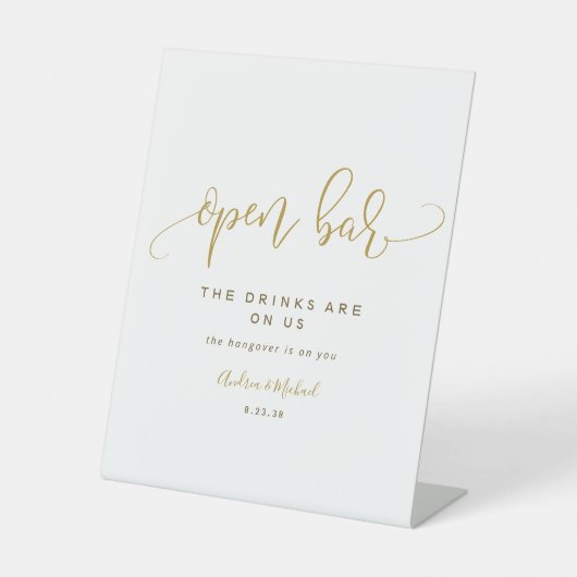 Open Bar Wedding Sign Wirbel Calligrafy Gold Sockelschild (Vorderseite)