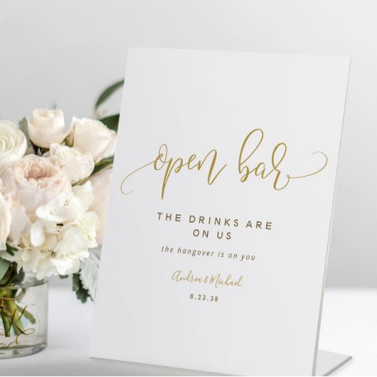 Open Bar Wedding Sign Wirbel Calligrafy Gold Sockelschild