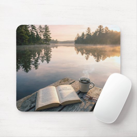 Open Book With Coffee On a Lake Dock Mousepad (Mit Mouse)