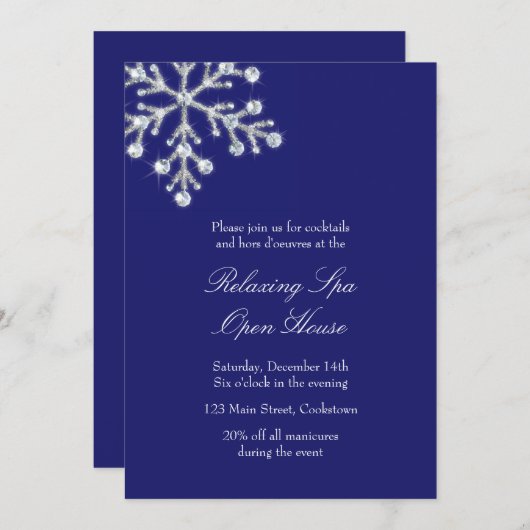 Open House Blue Offset Crystal Snowflake Einladung (Vorne/Hinten)