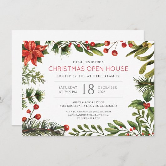 Open House Floral Weihnachtsfeier Einladung (Vorne/Hinten)