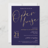 Open House für Navy Blue & Gold Script Einladung (Vorderseite)