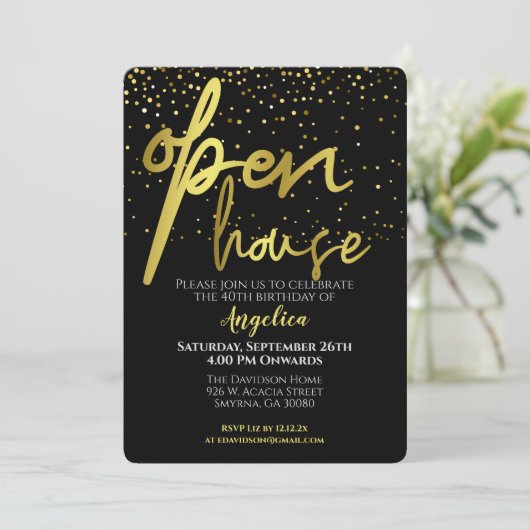 Open House Party Black Gold Einladung (Stehend Vorderseite)