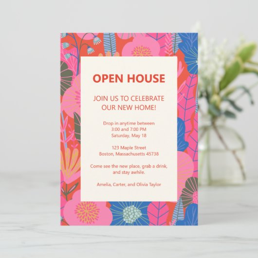 Open House Tropical Floral Pink Red Housewarming Einladung (Stehend Vorderseite)