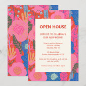 Open House Tropical Floral Pink Red Housewarming Einladung (Vorne/Hinten)