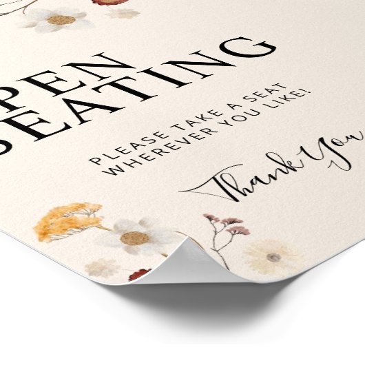 Open Seating Boho Wildblume Wedding Sign Poster (Ecke)