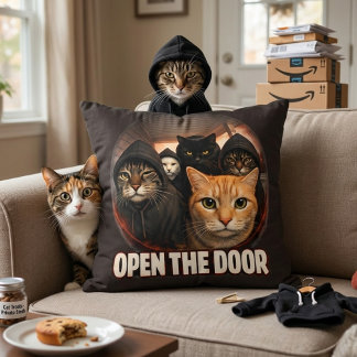 Open The Door Funny Cats in Hoodies Throw Pillow Kissen