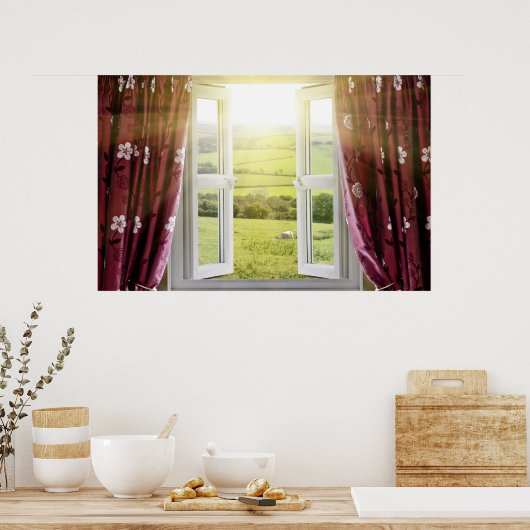 Open window with countryside view and sunlight str poster (Küche)