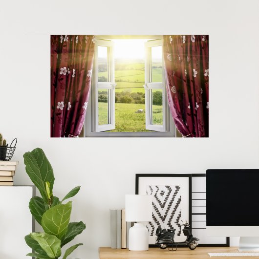 Open window with countryside view and sunlight str poster (Heimbüro)