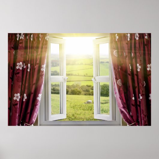 Open window with countryside view and sunlight str poster (Vorne)