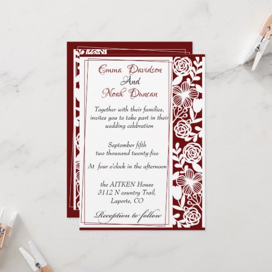 Open-Work Elegant Maroon Hochzeitskarte Einladung (Vorderseite/Rückseite Beispiel)