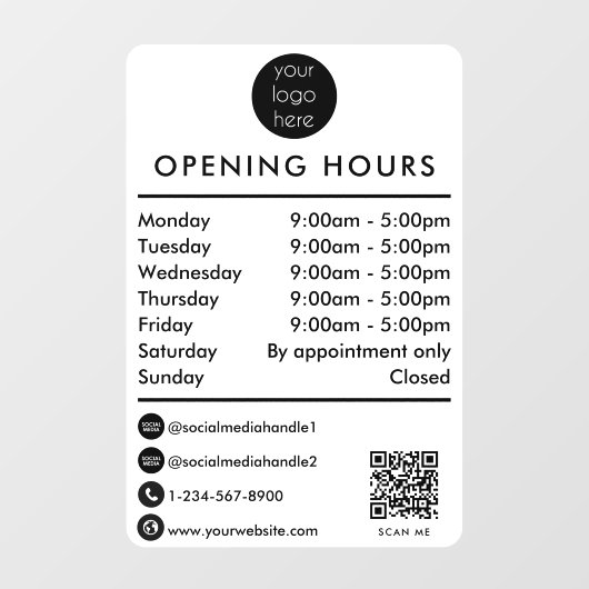 Opening Business Hours Times QR Code Business Logo Fensteraufkleber (Blatt)