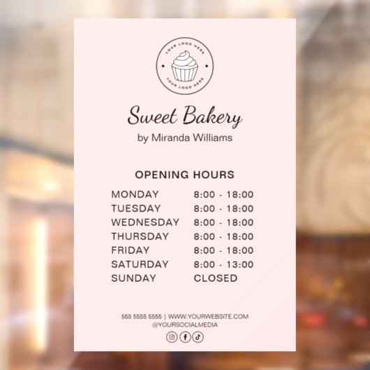 Opening Hours Custom Logo Pink Bakery Business Fensteraufkleber (Blatt 2)