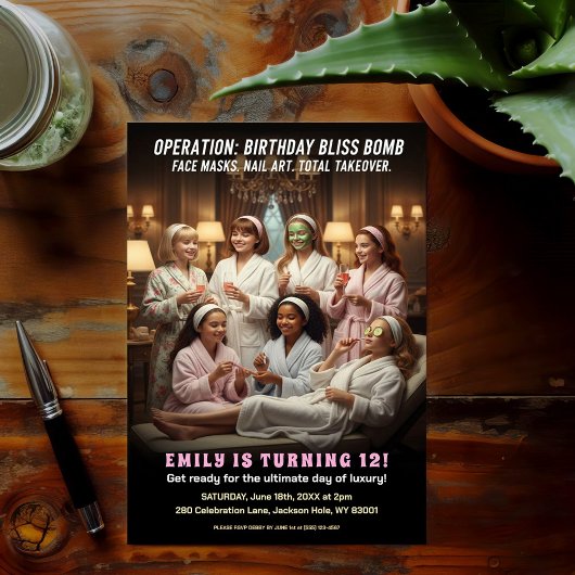Operation Birthday Bliss Spa Party  Einladung