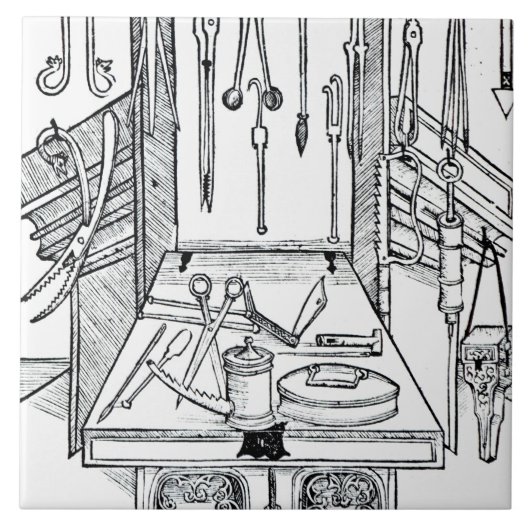 Operationstisch und chirurgische Instrumente, von Fliese (Vorderseite)