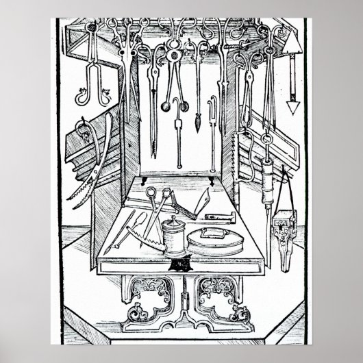 Operationstisch und chirurgische Instrumente, von Poster (Vorne)