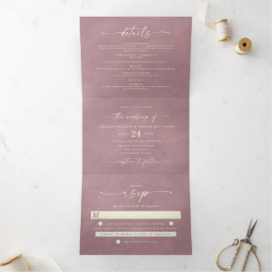 Ophelia Dusty Pink Cottagecore Florale Hochzeit Dreifach Gefaltete Einladung