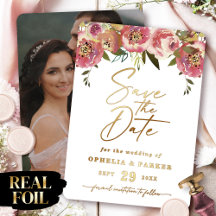 Ophelia Floral Foto Save the Date mit Real Gold