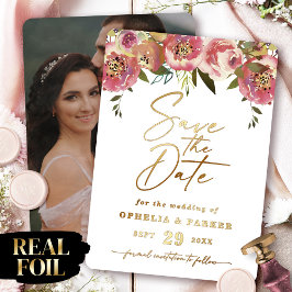 Ophelia Floral Foto Save the Date mit Real Gold Folieneinladung
