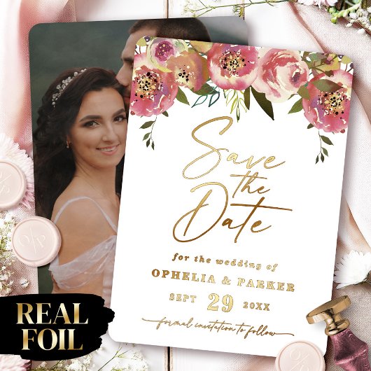 Ophelia Floral Foto Save the Date mit Real Gold Folieneinladung