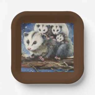 opossum Mama und Babys Papier Teller