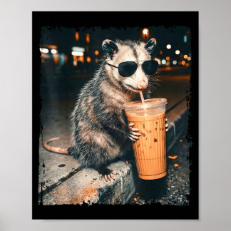 Opossum trinkt eisgekühlten Kaffee lustiges Possum Poster