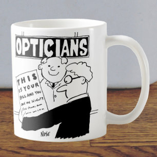 Optiker präsentiert seine Rechnung. Lustiger Carto Kaffeetasse