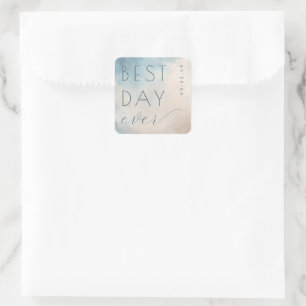 Optimistische Blaue Aquarell-Hochzeitsaufkleber Quadratischer Aufkleber