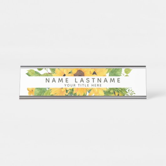 Optimistische Sonnenblumen Titel White Custom Schreibtischnamensplakette (Vorderseite )